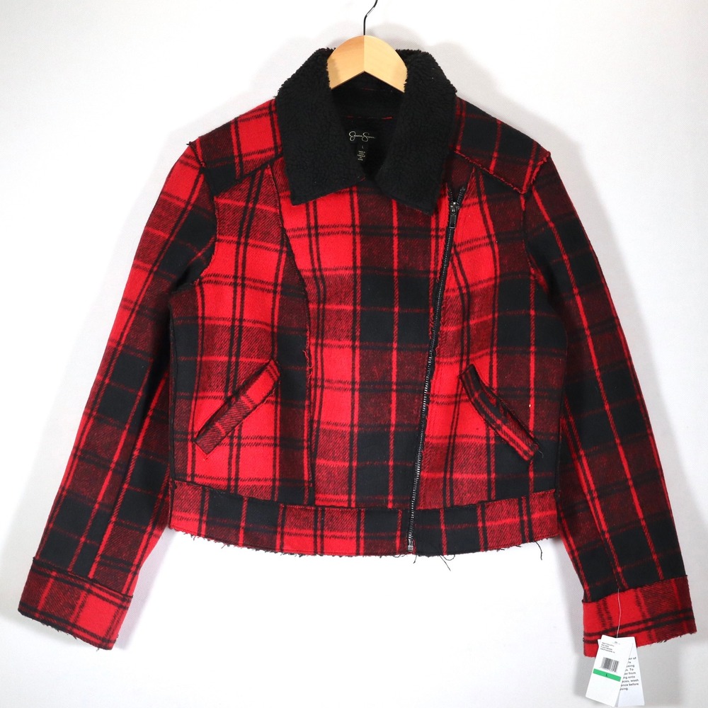 Jessica Simpson Moto Jacket NWT Womens L Red Plaid Sherpa Lined Wool Blend